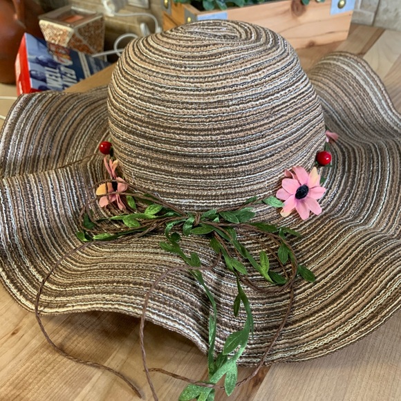 Khaki Boho Flower Pink Decor Floppy Sun Hat - Picture 7 of 13